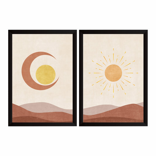Sun & Moon Wall Art Set of 2 | Abstract Boho Desert Landscape Prints | Celestial Neutral Wall Decor