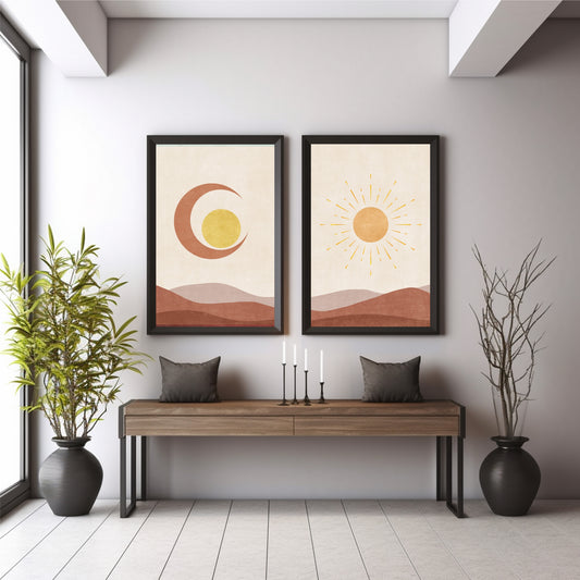 Sun & Moon Wall Art Set of 2 | Abstract Boho Desert Landscape Prints | Celestial Neutral Wall Decor