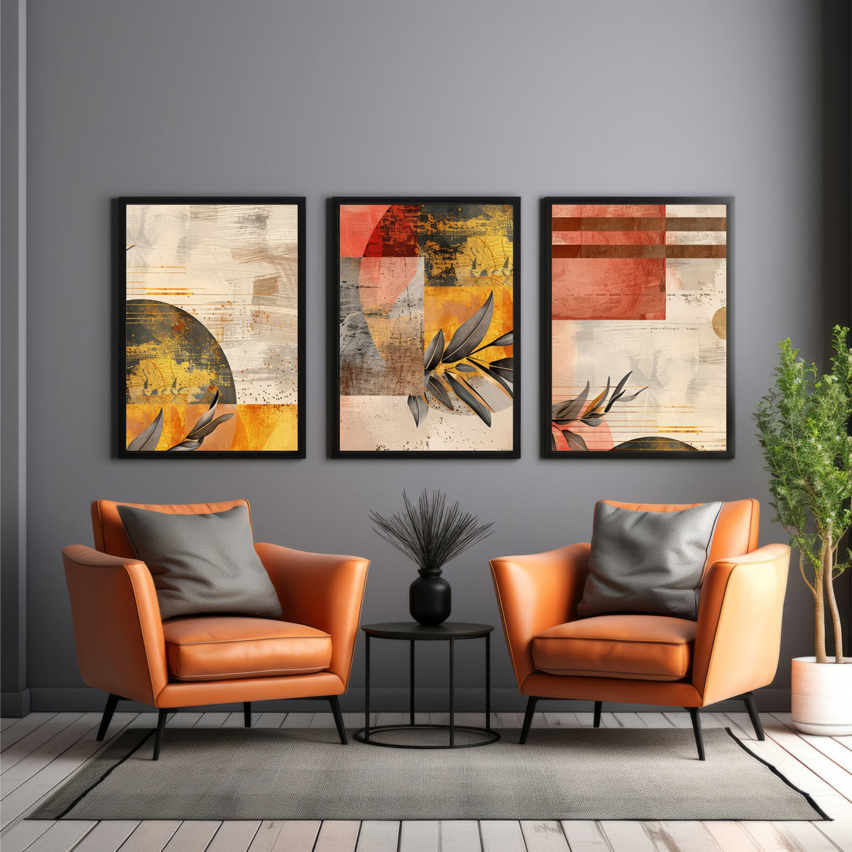 Luxury Botanical Abstract Wall Art Set of 3 | Modern Geometric Prints