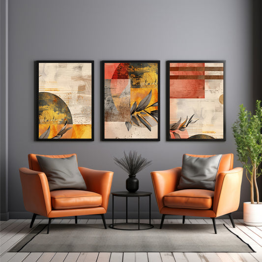 Luxury Botanical Abstract Wall Art Set of 3 | Modern Geometric Prints