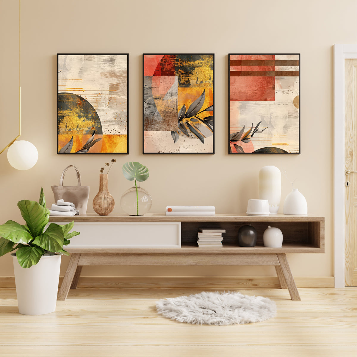 Luxury Botanical Abstract Wall Art Set of 3 | Modern Geometric Prints