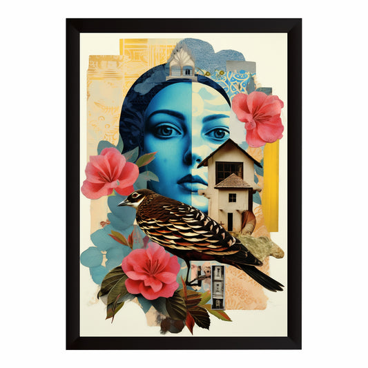 Bird & Floral Wall Art | Blue Portrait & Vintage Collage