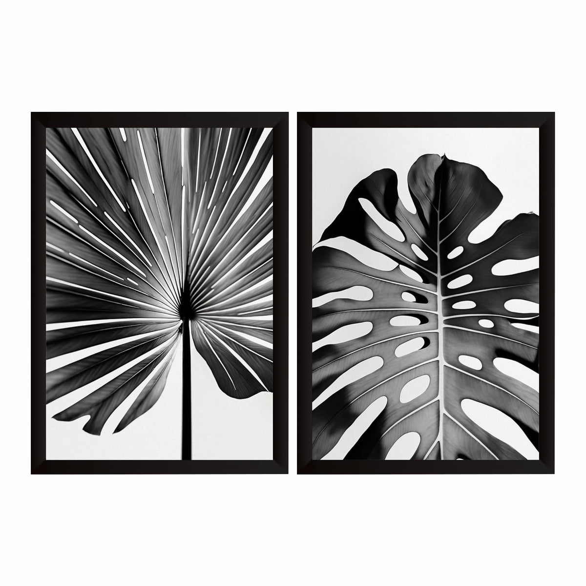 Black & White Tropical Leaf Wall Art Set of 2 | Monstera Botanical Prints | Modern Minimalist Nature Decor