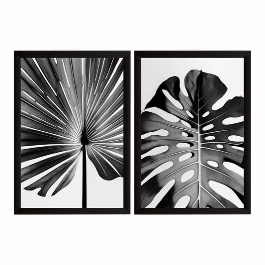 Black & White Tropical Leaf Wall Art Set of 2 | Monstera Botanical Prints | Modern Minimalist Nature Decor