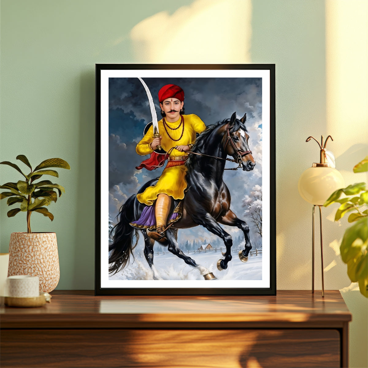 Diwan Nahar Singh Wall Art | Folk Hero Warrior on Horse | Traditional Indian Heritage Portrait | Home & Office Decor