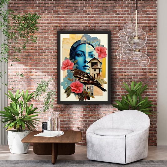 Bird & Floral Wall Art | Blue Portrait & Vintage Collage