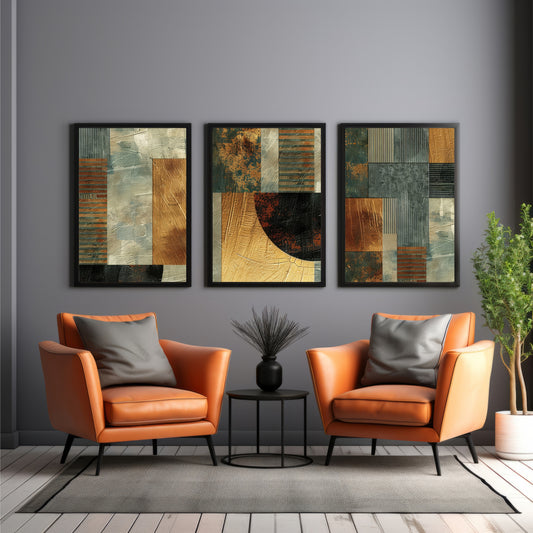 Modern Abstract Wall Art Set of 3 | Textured Geometric Prints