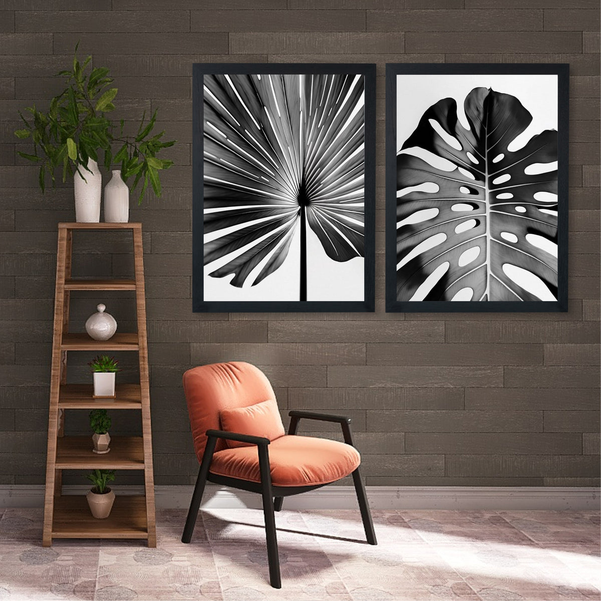 Black & White Tropical Leaf Wall Art Set of 2 | Monstera Botanical Prints | Modern Minimalist Nature Decor