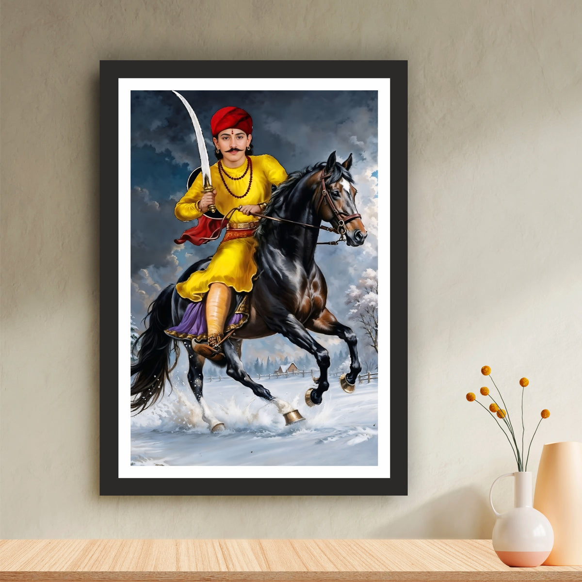 Diwan Nahar Singh Wall Art | Folk Hero Warrior on Horse | Traditional Indian Heritage Portrait | Home & Office Decor