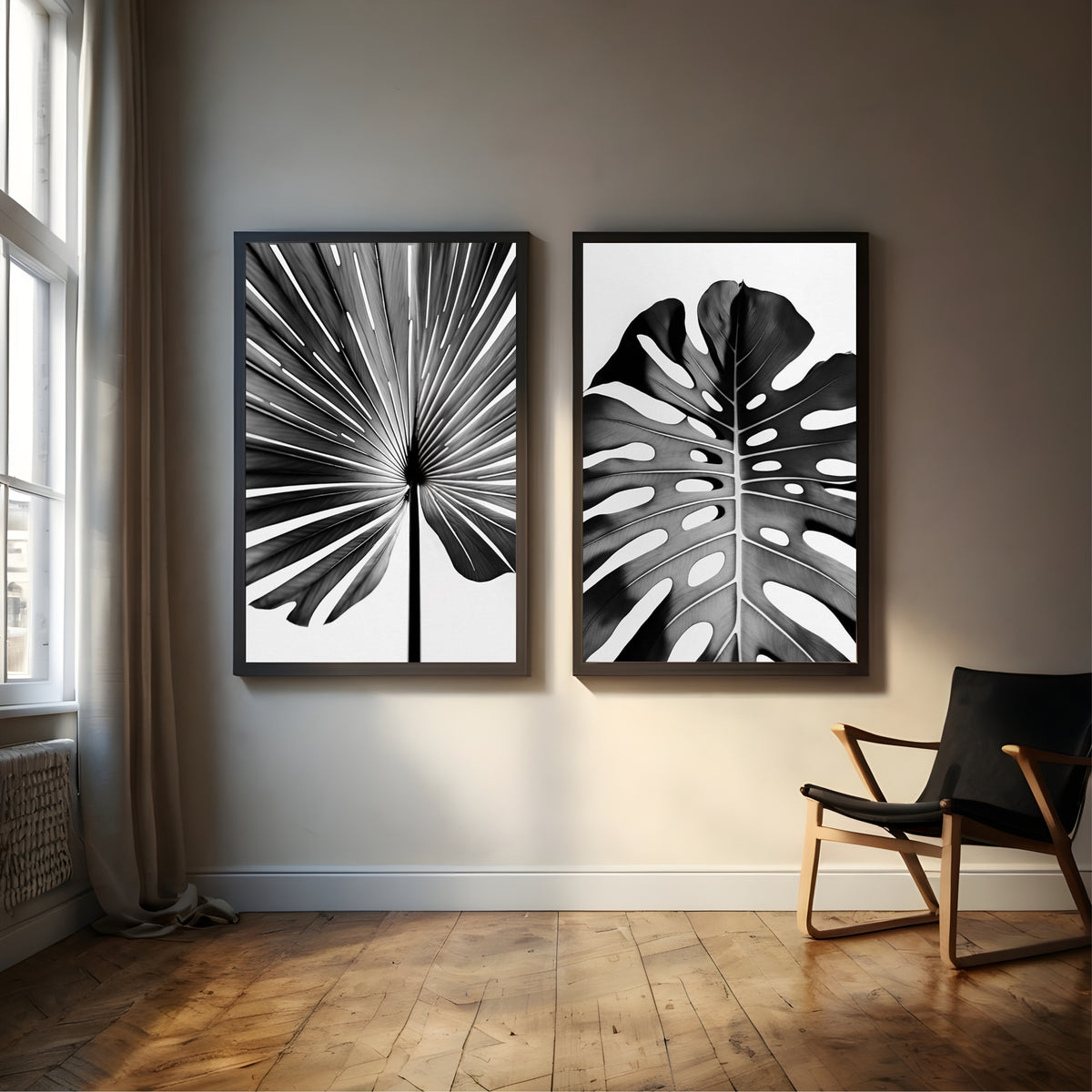 Black & White Tropical Leaf Wall Art Set of 2 | Monstera Botanical Prints | Modern Minimalist Nature Decor