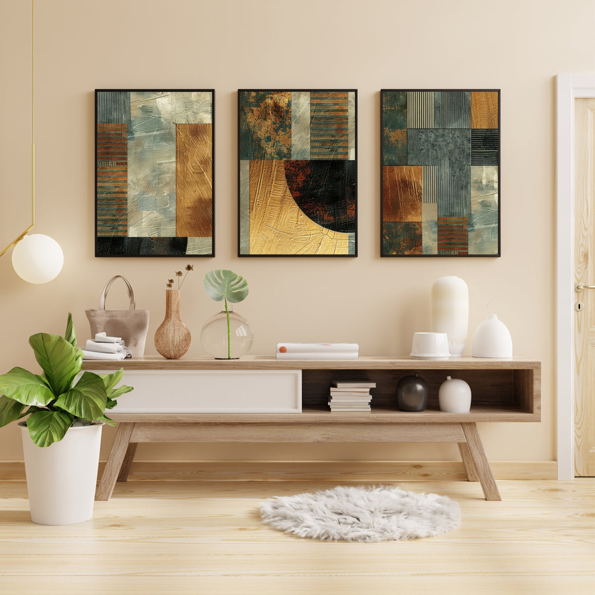 Modern Abstract Wall Art Set of 3 | Textured Geometric Prints
