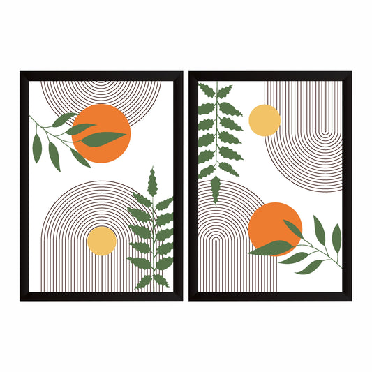 Mid Century Modern Abstract Wall Art Set of 2 | Geometric Botanical Prints | Orange Green Sun & Arch Decor