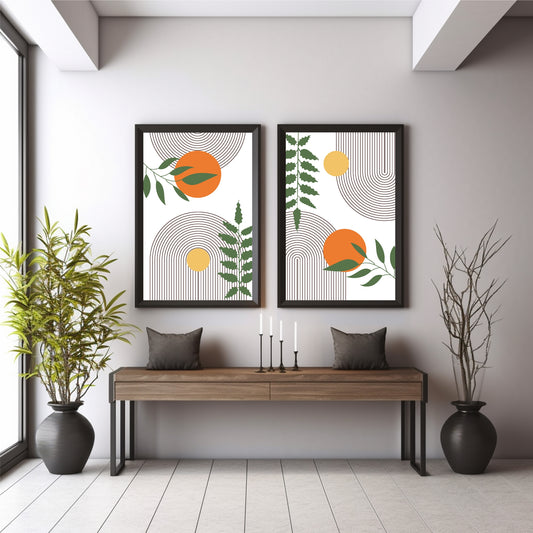 Mid Century Modern Abstract Wall Art Set of 2 | Geometric Botanical Prints | Orange Green Sun & Arch Decor