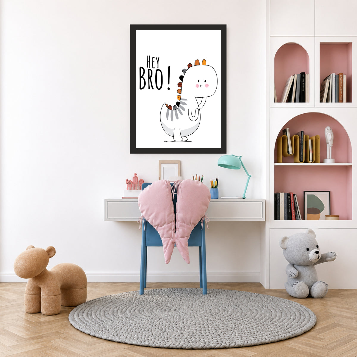 Cute Dinosaur Wall Art | Hey Bro Dinosaur Kids Poster | Minimalist Nursery Room Decor