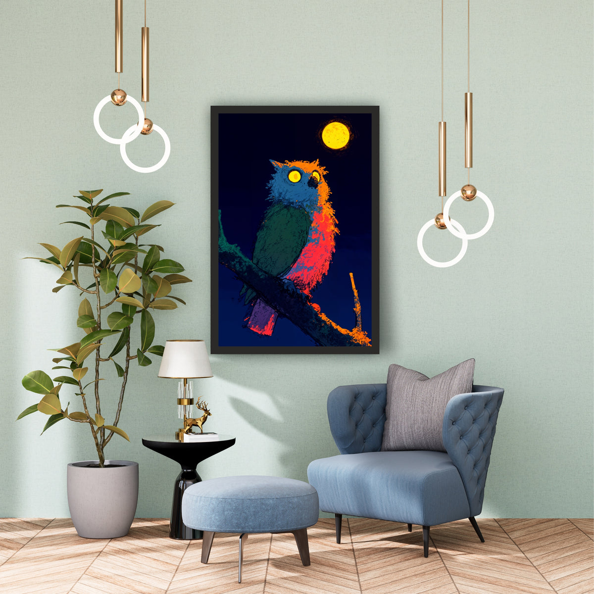 Colorful Owl Wall Art | Midnight Moon Bird Artwork