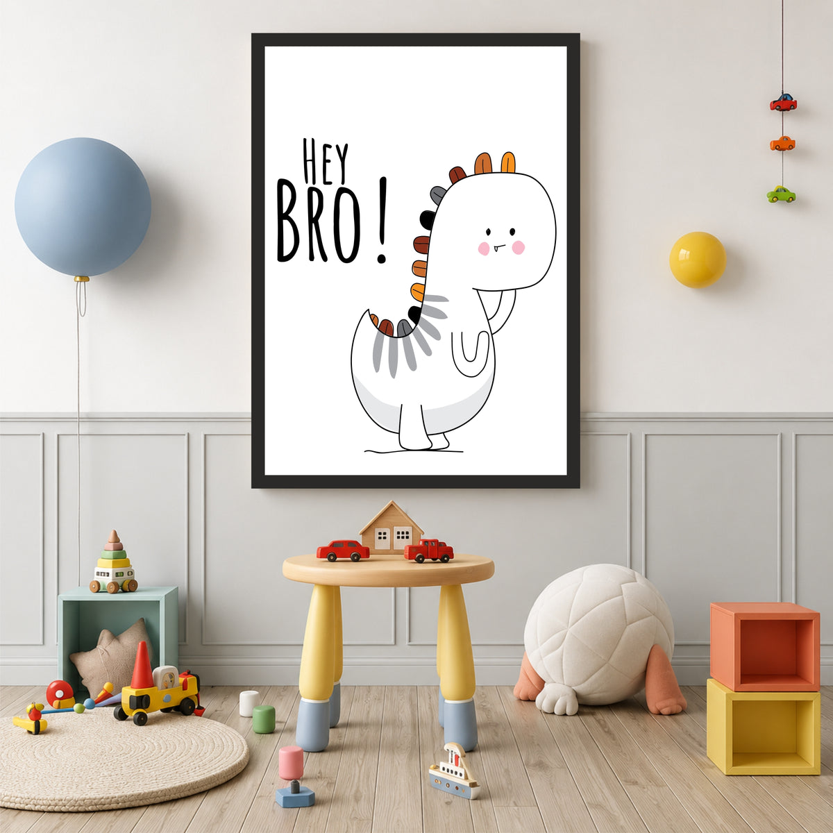 Cute Dinosaur Wall Art | Hey Bro Dinosaur Kids Poster | Minimalist Nursery Room Decor
