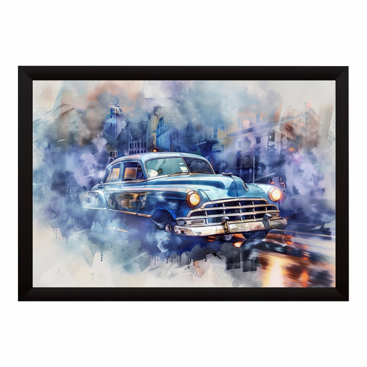 Vintage Classic Car Wall Art | Blue Retro Automobile Canvas | Watercolor Cityscape Illustration Poster
