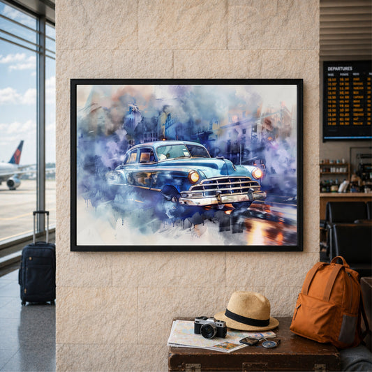 Vintage Classic Car Wall Art | Blue Retro Automobile Canvas | Watercolor Cityscape Illustration Poster