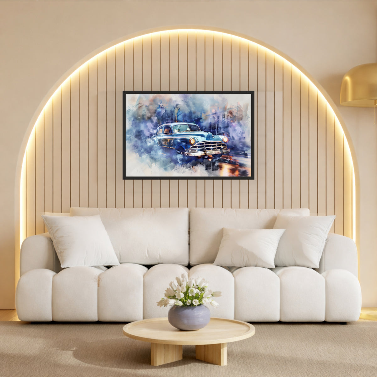 Vintage Classic Car Wall Art | Blue Retro Automobile Canvas | Watercolor Cityscape Illustration Poster