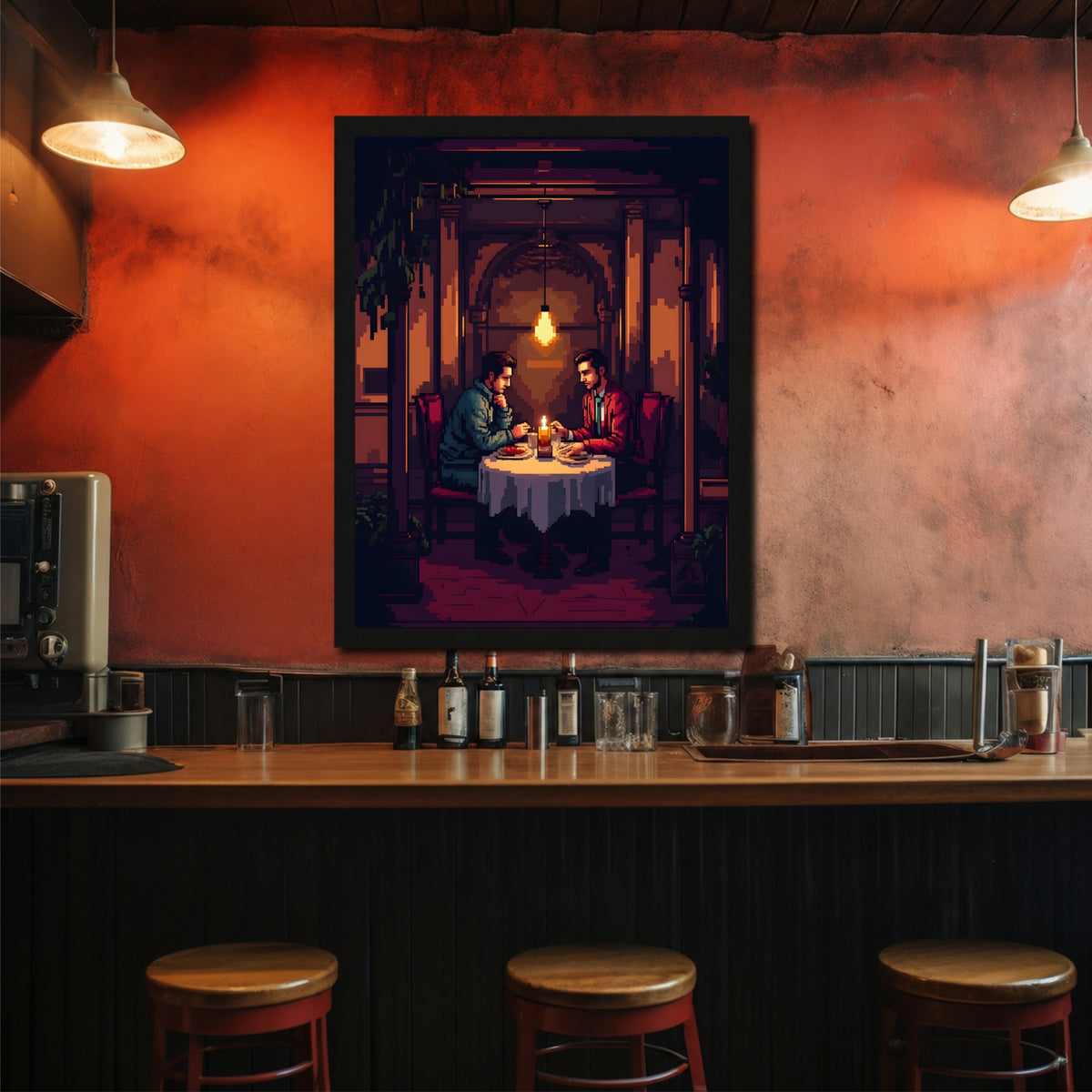 Romantic Dinner Wall Art | Framed Couple Artwork | Cozy Restaurant & Home Décor