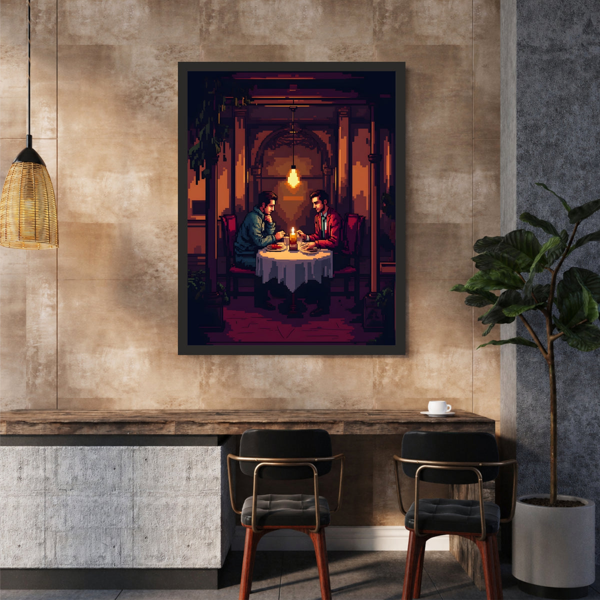 Romantic Dinner Wall Art | Framed Couple Artwork | Cozy Restaurant & Home Décor