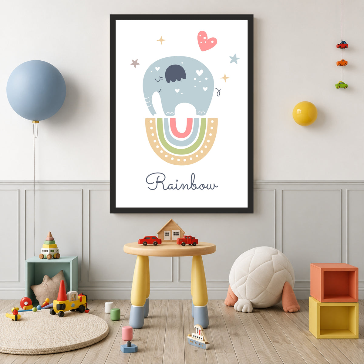 Cute Elephant Rainbow Wall Art | Minimalist Nursery Animal Print