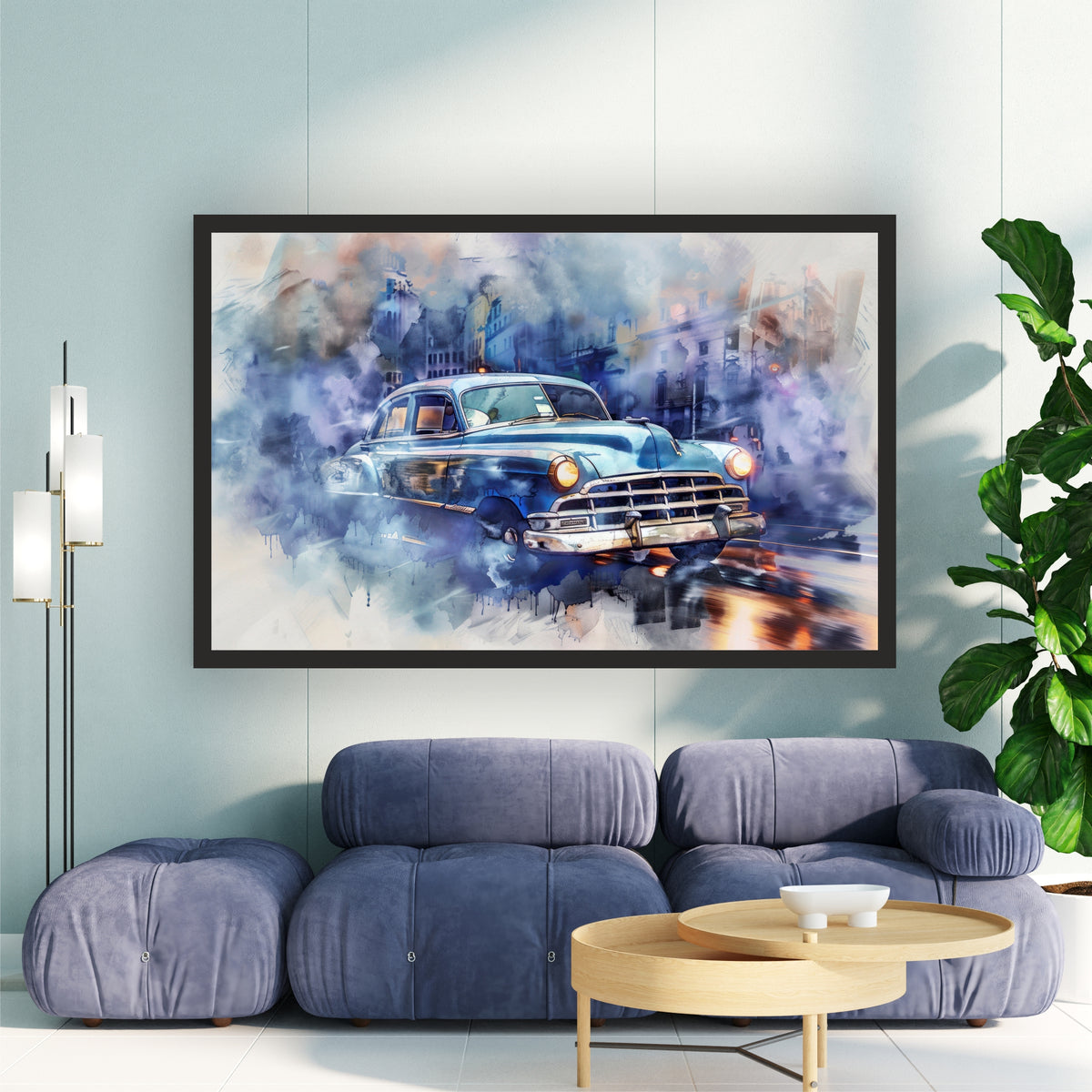 Vintage Classic Car Wall Art | Blue Retro Automobile Canvas | Watercolor Cityscape Illustration Poster