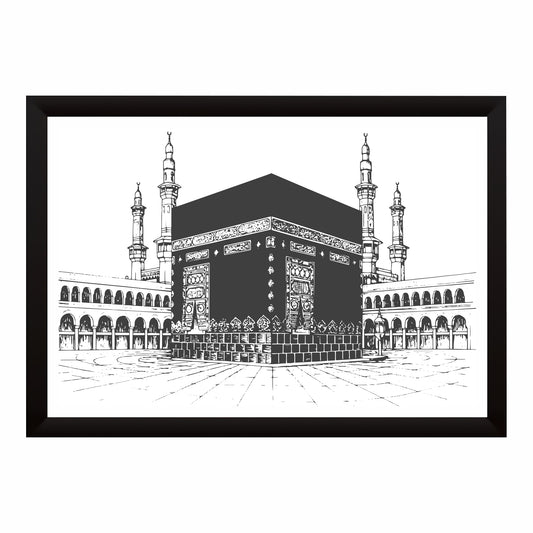 Kaaba Line Art Wall Art | Islamic Black & White Illustration | Mecca Sacred Mosque Artwork | Minimalist Muslim Home Decor