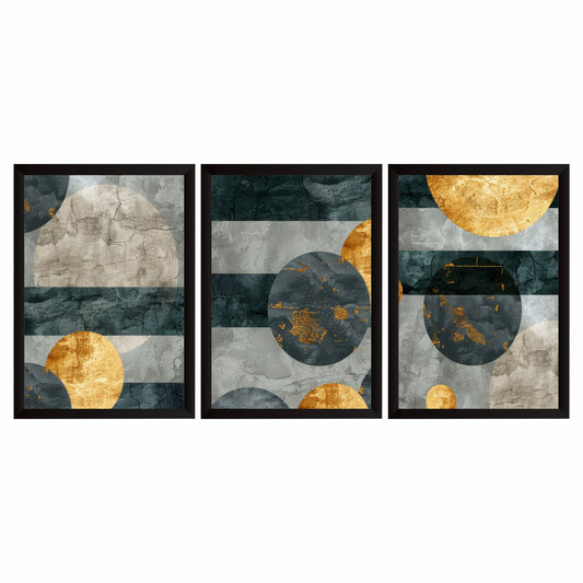 Luxury Abstract Wall Art Set of 3 | Gold & Charcoal Geometric Prints