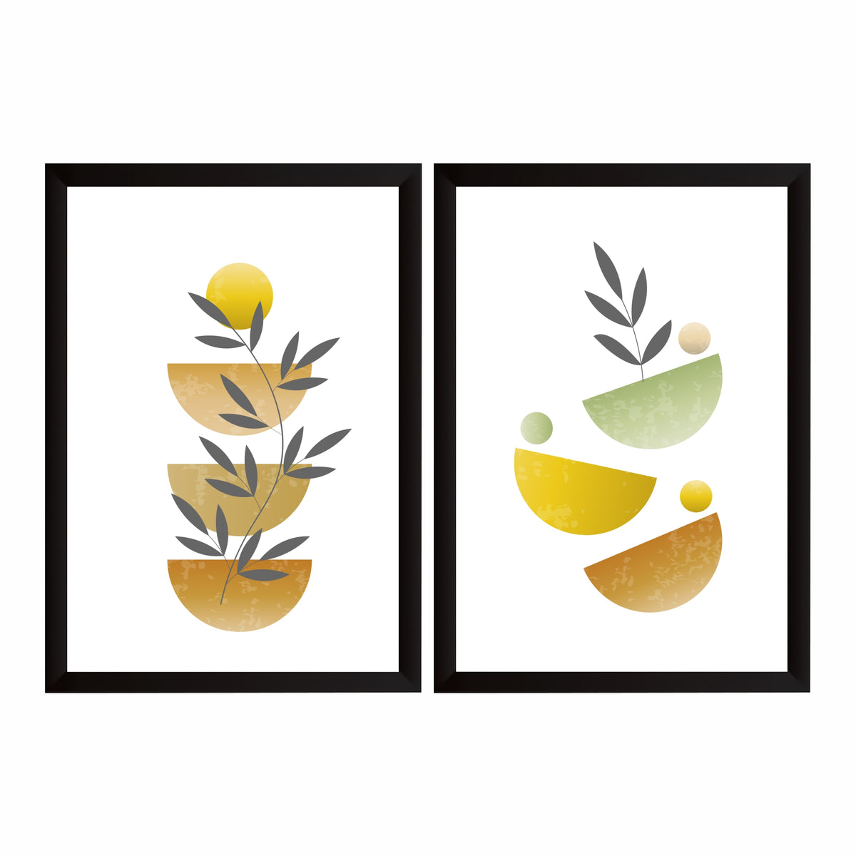 Mid Century Modern Abstract Botanical Wall Art Set of 2 | Geometric Sun & Leaf Prints | Neutral Earthy Home Decor