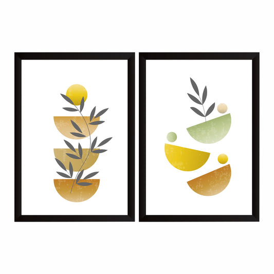 Mid Century Modern Abstract Botanical Wall Art Set of 2 | Geometric Sun & Leaf Prints | Neutral Earthy Home Decor