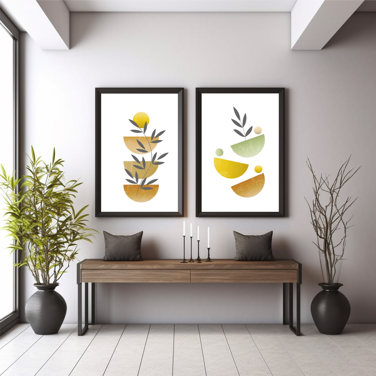 Mid Century Modern Abstract Botanical Wall Art Set of 2 | Geometric Sun & Leaf Prints | Neutral Earthy Home Decor