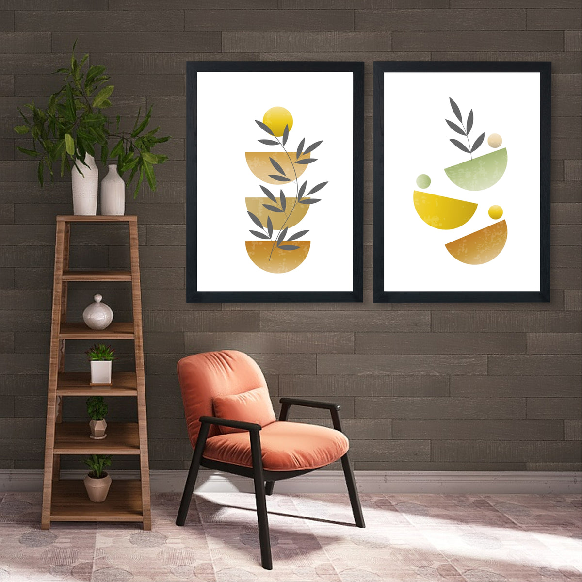 Mid Century Modern Abstract Botanical Wall Art Set of 2 | Geometric Sun & Leaf Prints | Neutral Earthy Home Decor