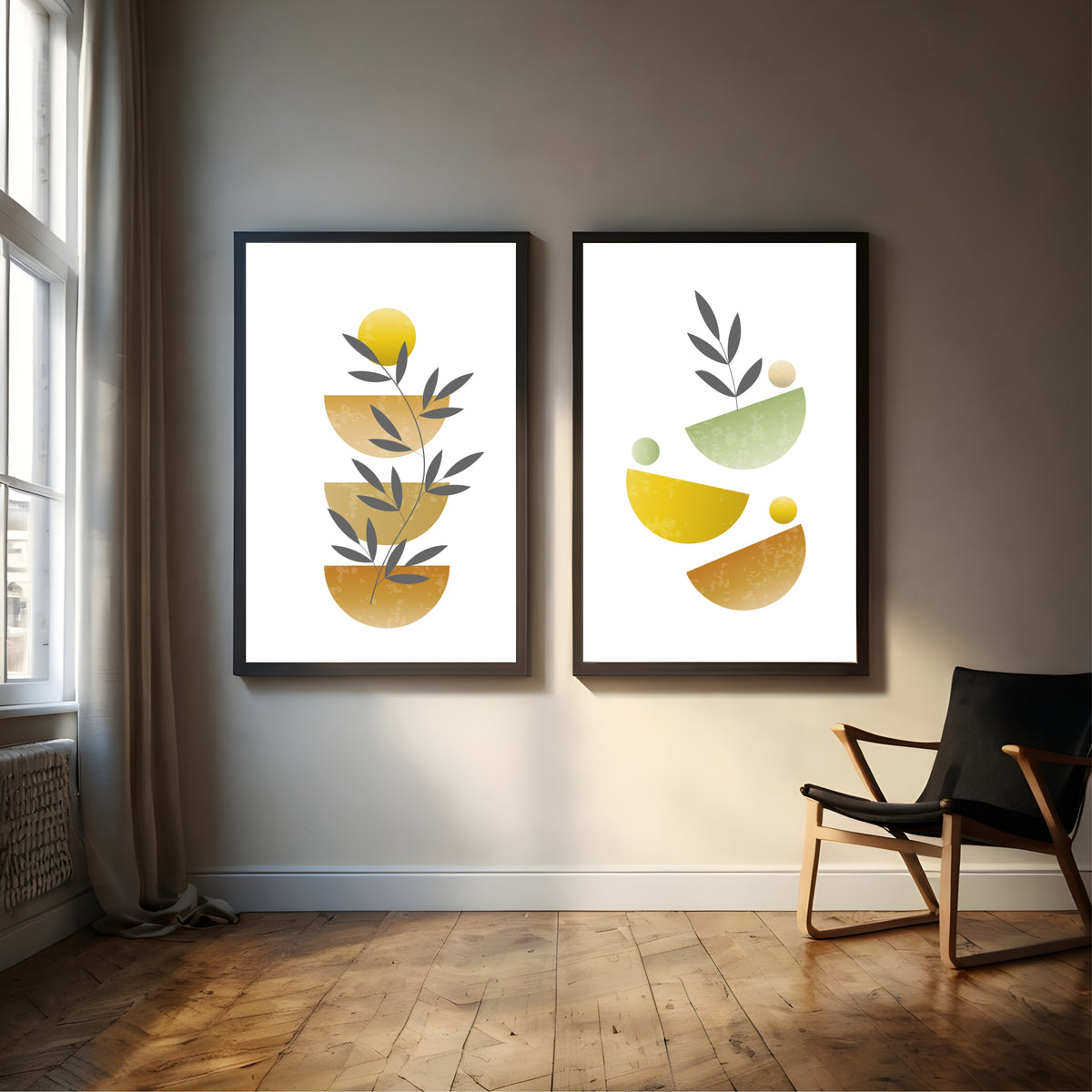 Mid Century Modern Abstract Botanical Wall Art Set of 2 | Geometric Sun & Leaf Prints | Neutral Earthy Home Decor