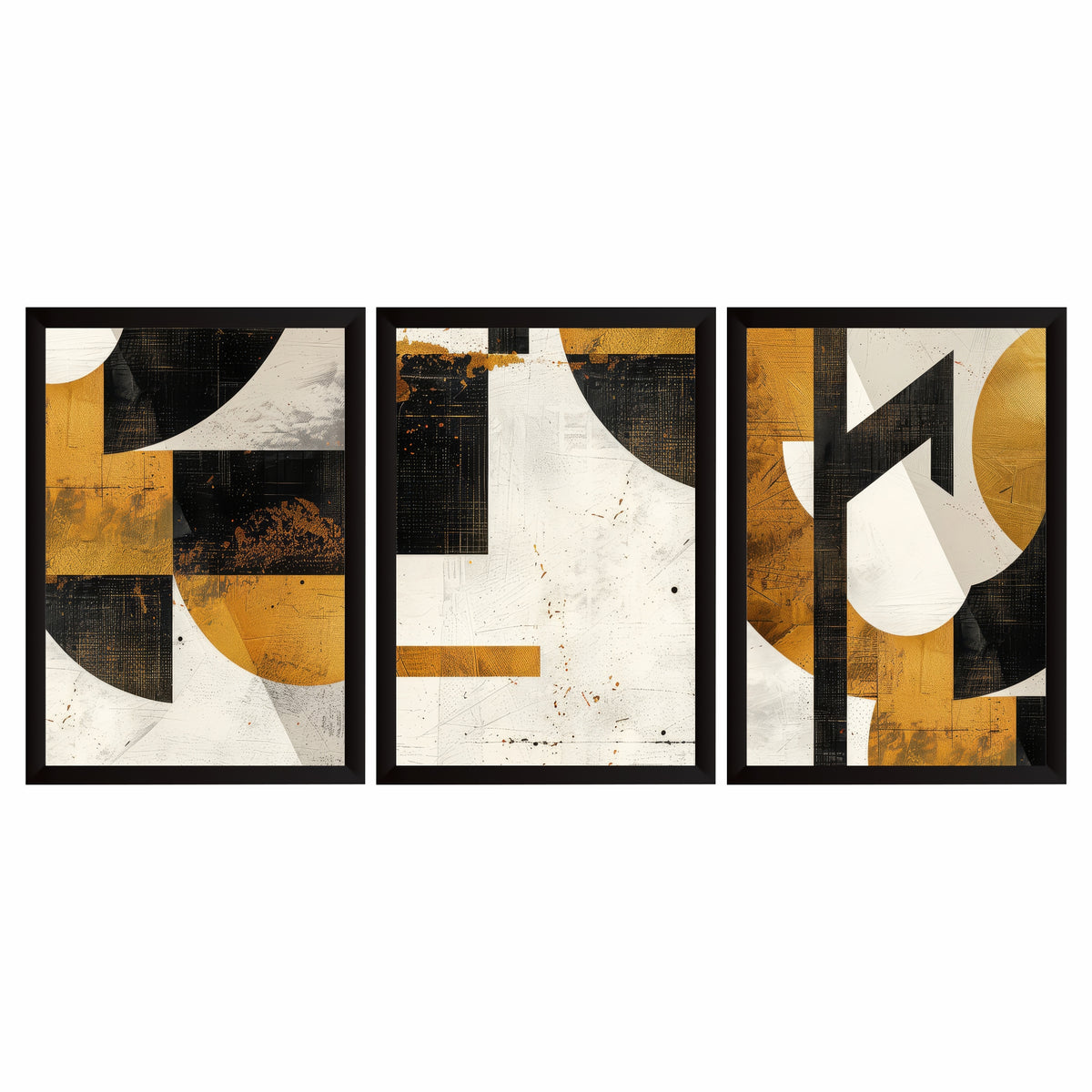 Luxury Modern Abstract Wall Art Set of 3 | Gold, Black & White Geometric Prints