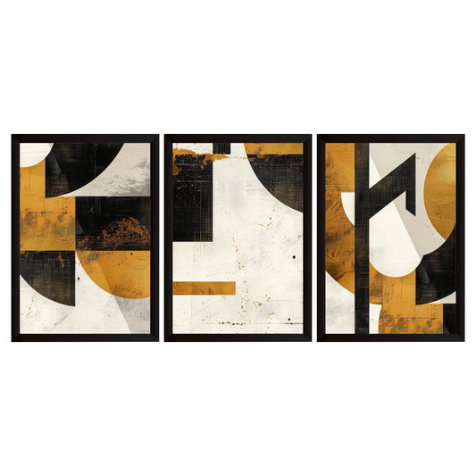Luxury Modern Abstract Wall Art Set of 3 | Gold, Black & White Geometric Prints