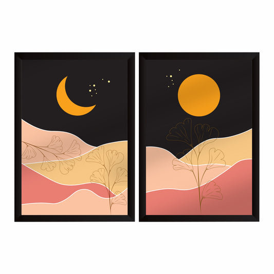 Mid Century Modern Abstract Wall Art Set of 2 | Celestial Sun Moon & Ginkgo Botanical Prints | Warm Boho Home Decor