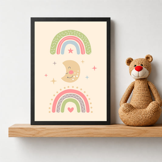 Pastel Rainbow Wall Art | Cute Moon & Rainbow Kids Poster | Minimalist Nursery Room Decor