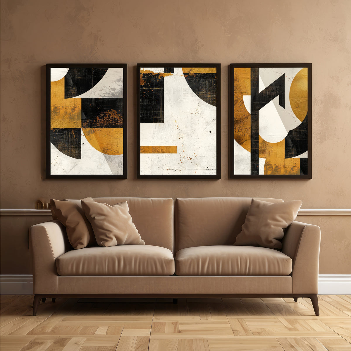 Luxury Modern Abstract Wall Art Set of 3 | Gold, Black & White Geometric Prints