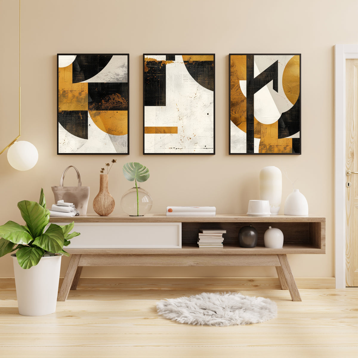 Luxury Modern Abstract Wall Art Set of 3 | Gold, Black & White Geometric Prints