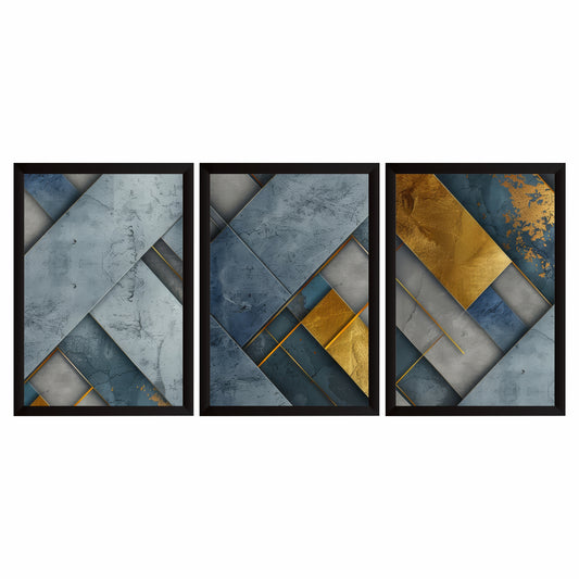 Luxury Blue & Gold Geometric Wall Art Set of 3 | Modern Abstract Textured Prints