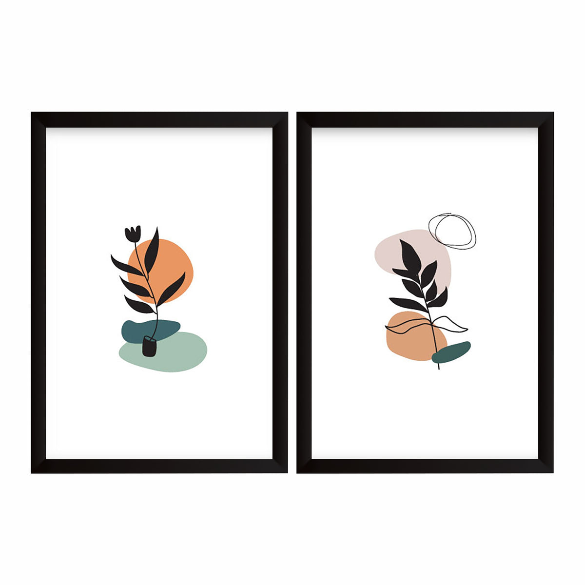 Mid Century Modern Abstract Botanical Wall Art Set of 2 | Minimalist Plant & Geometric Prints | Neutral Boho Home Decor