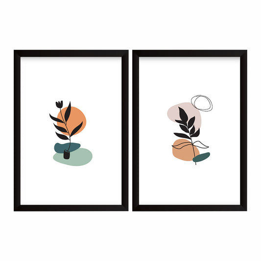 Mid Century Modern Abstract Botanical Wall Art Set of 2 | Minimalist Plant & Geometric Prints | Neutral Boho Home Decor