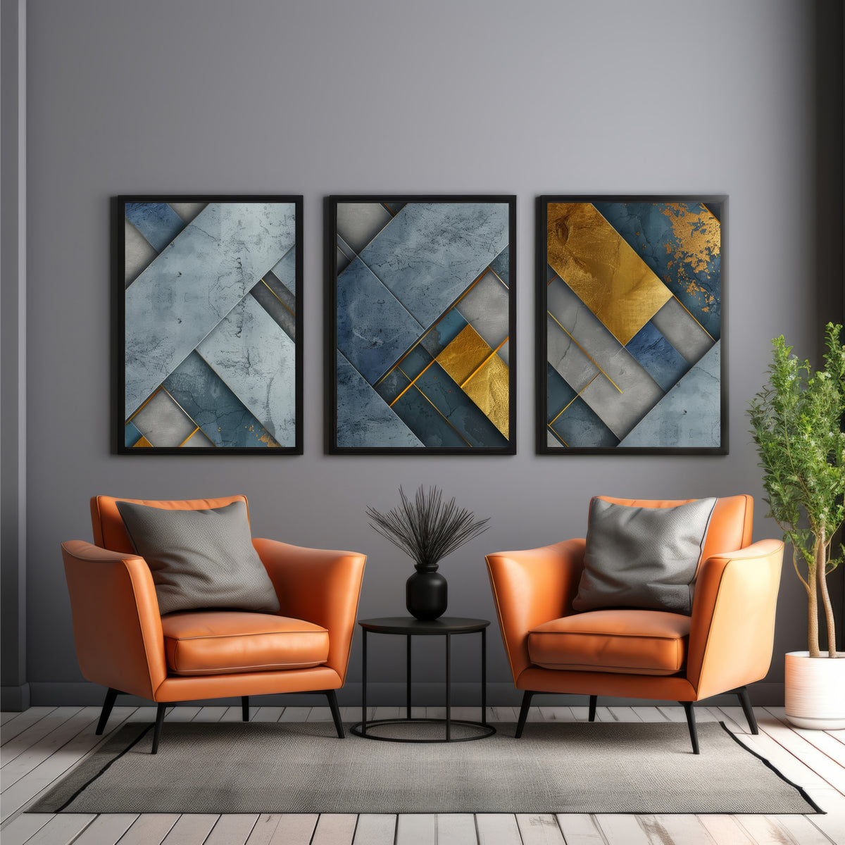 Luxury Blue & Gold Geometric Wall Art Set of 3 | Modern Abstract Textured Prints