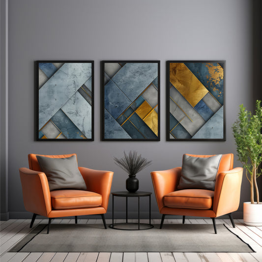 Luxury Blue & Gold Geometric Wall Art Set of 3 | Modern Abstract Textured Prints