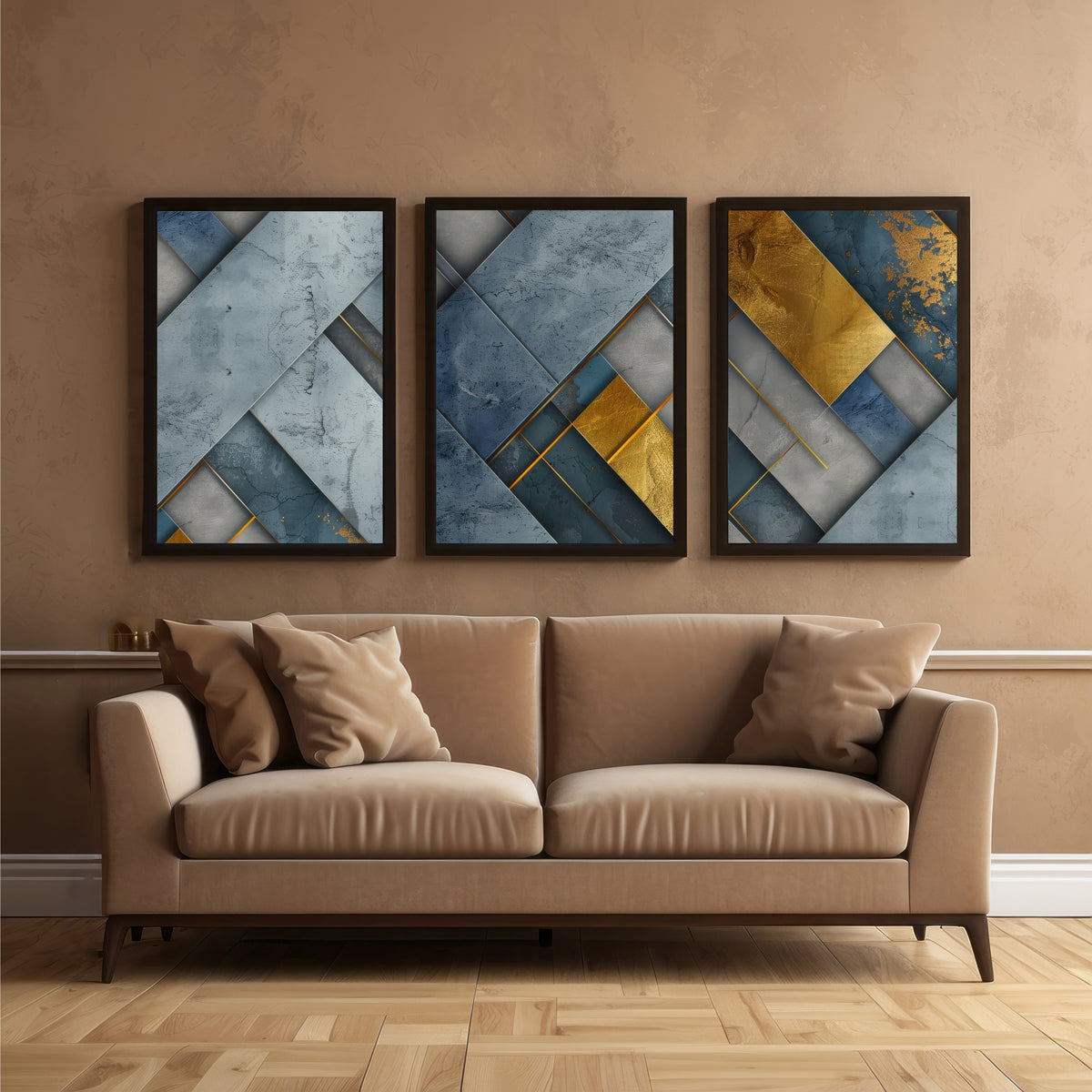 Luxury Blue & Gold Geometric Wall Art Set of 3 | Modern Abstract Textured Prints
