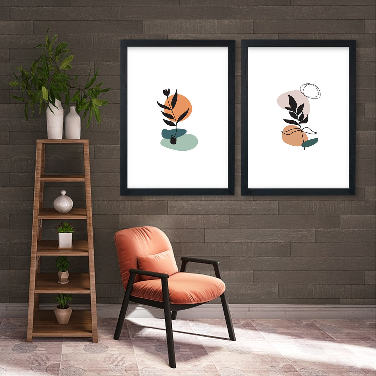 Mid Century Modern Abstract Botanical Wall Art Set of 2 | Minimalist Plant & Geometric Prints | Neutral Boho Home Decor