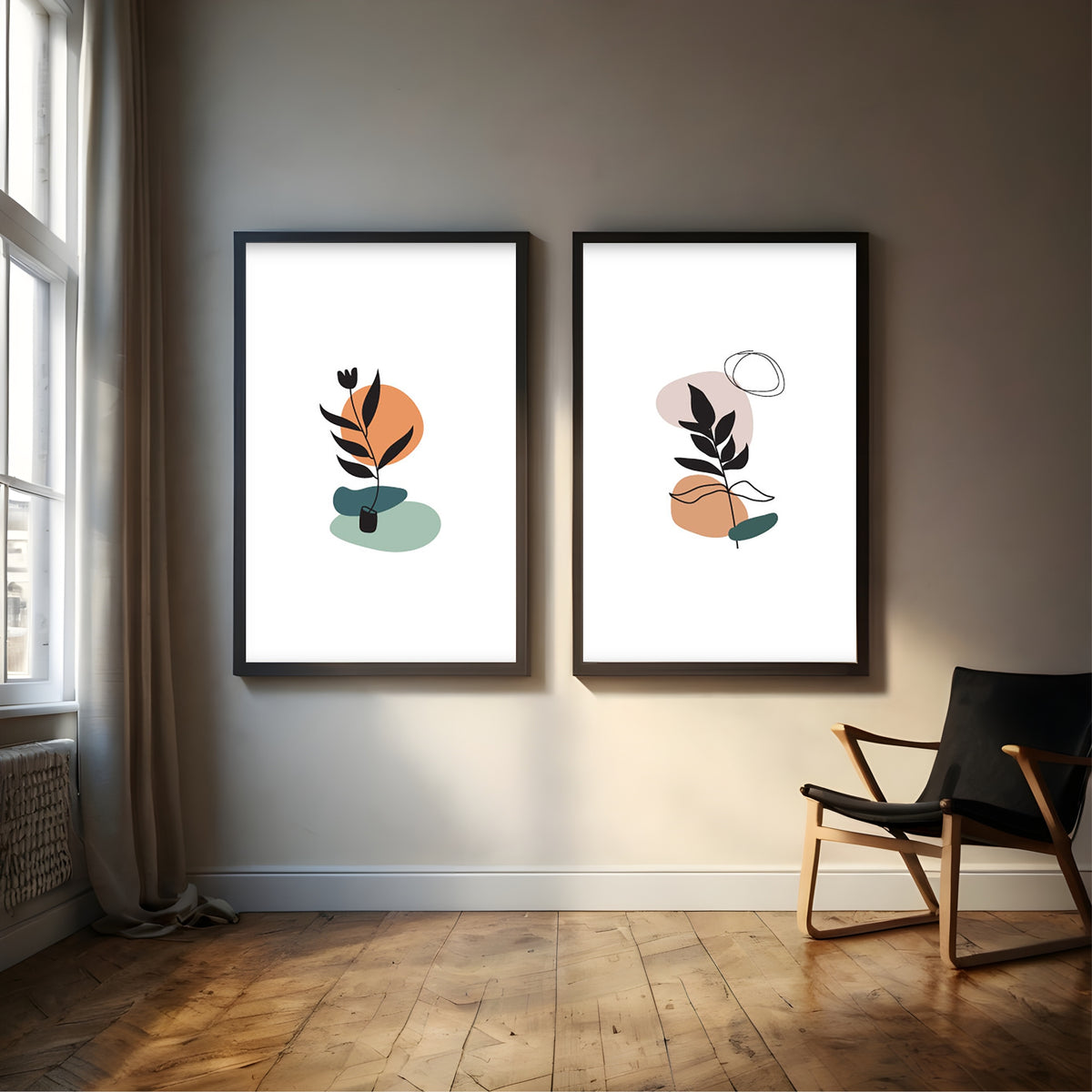 Mid Century Modern Abstract Botanical Wall Art Set of 2 | Minimalist Plant & Geometric Prints | Neutral Boho Home Decor