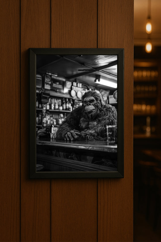 “The Lone Beast at the Bar – Vintage Monochrome Art” 🦍🍺