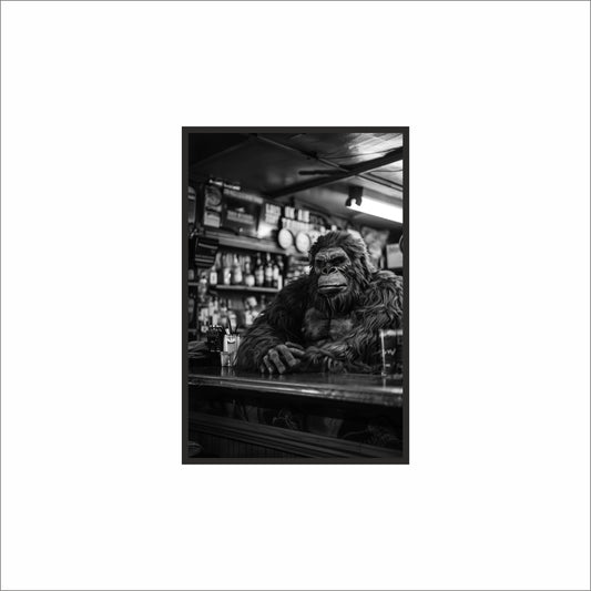 “The Lone Beast at the Bar – Vintage Monochrome Art” 🦍🍺